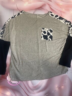 Gray Top with Black-and-White Cow Print Accents